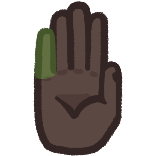 a dark-skinned hand, palm outward. the pinkie finger is highlighted green